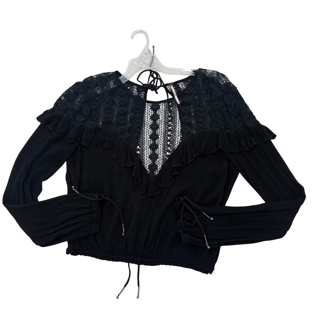 J8 Free People Black Crochet Lace Ruffle Long Sleeve Boho Blouse Top‎ Small